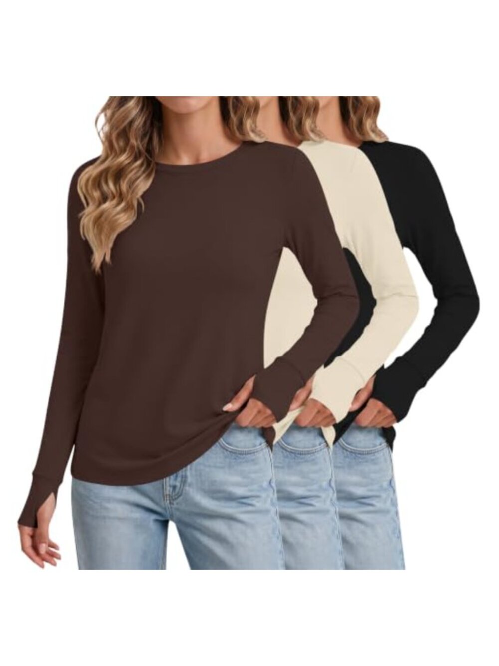 Long Sleeve Thumb Hole Crew Neck Tops 3 Pack Regular Fit